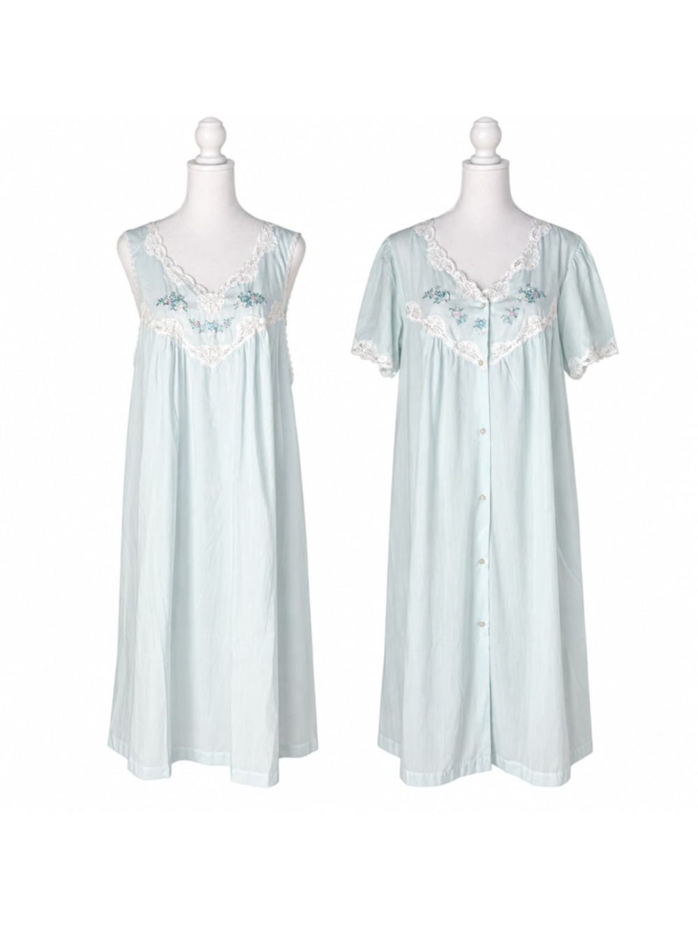 Vtg Barbizon Peignoir Set Size L Blue Floral Nightgown Robe Lace Embroidered NWT
